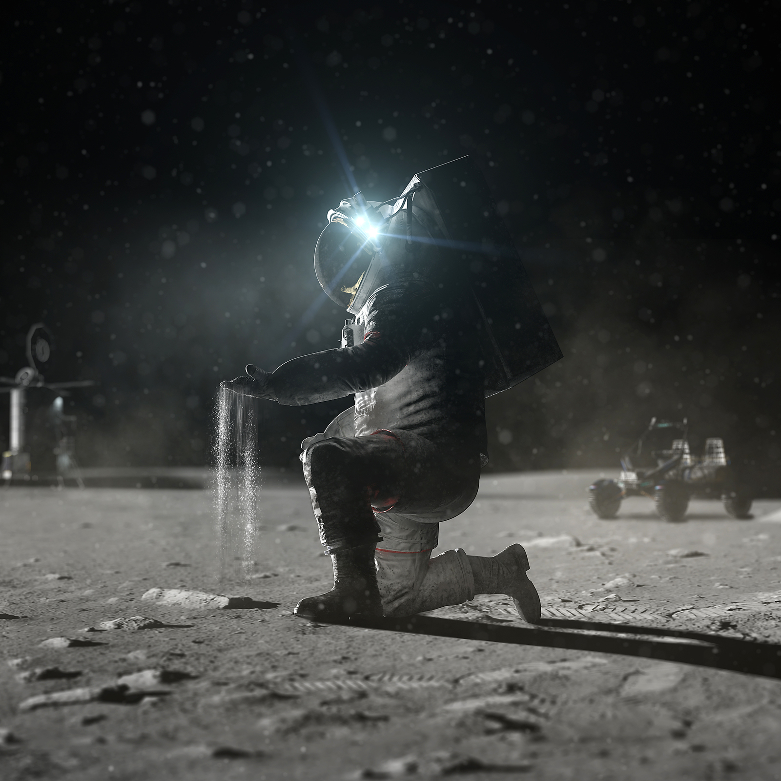 an illustration of an astronaut on the moon holding lunar dust