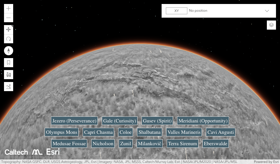 A screenshot of the new interactive map of Mars with links to notable locations