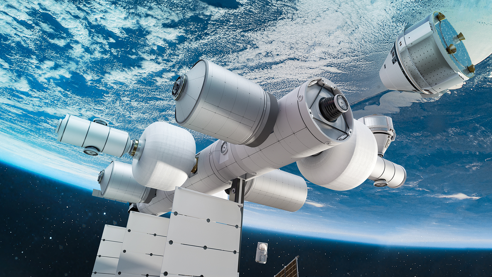 a rendering of a space station with Earth in the background