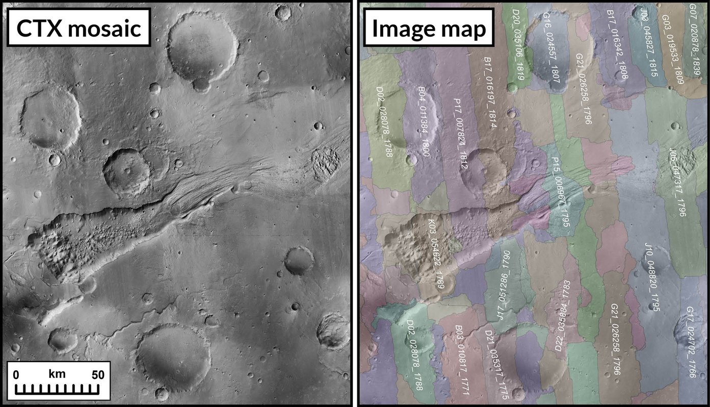 On the left is a closeup of the surface of Mars. On the right in the same area  broken into segments to show what images were used to create the whole.