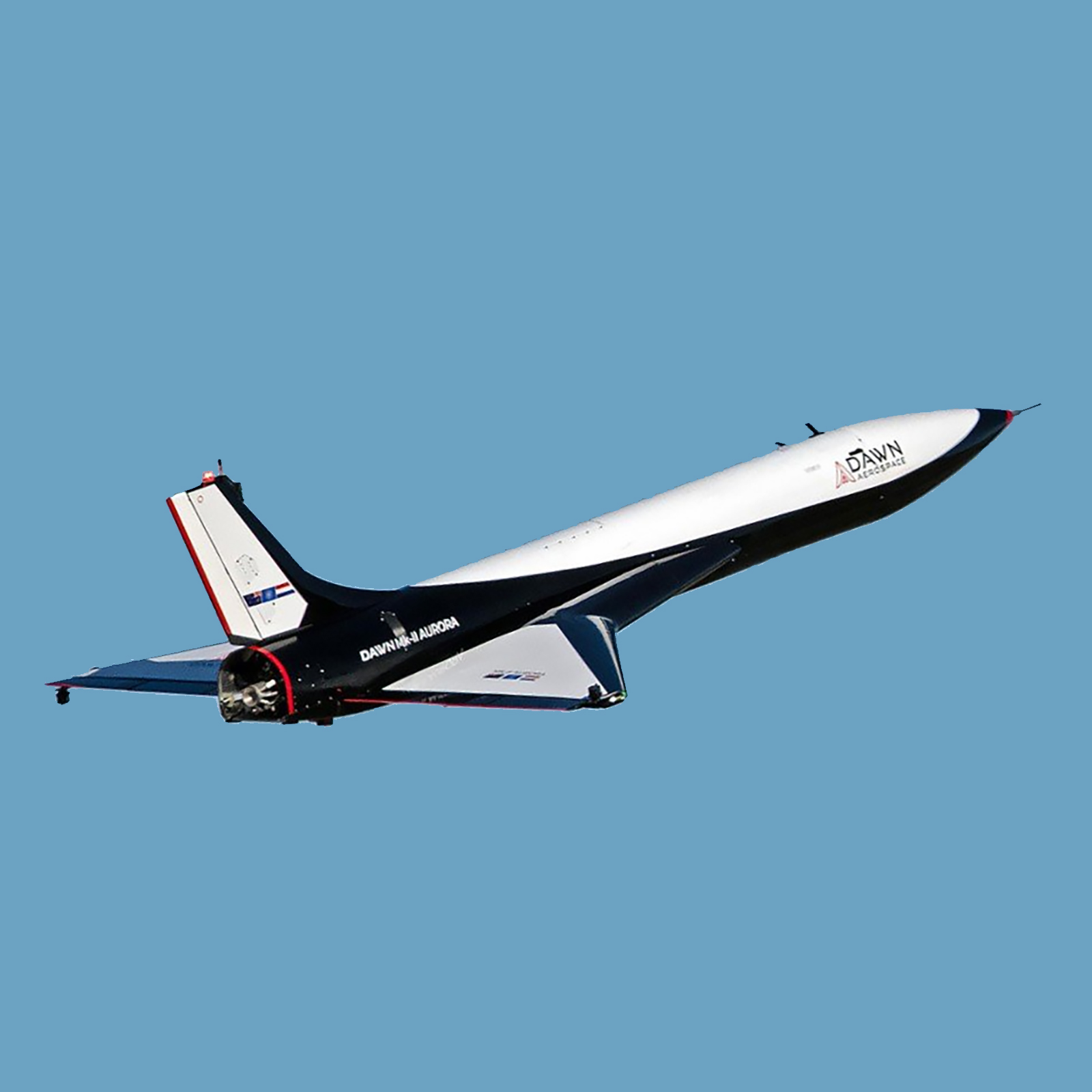 a spaceplane flying across a blue sky