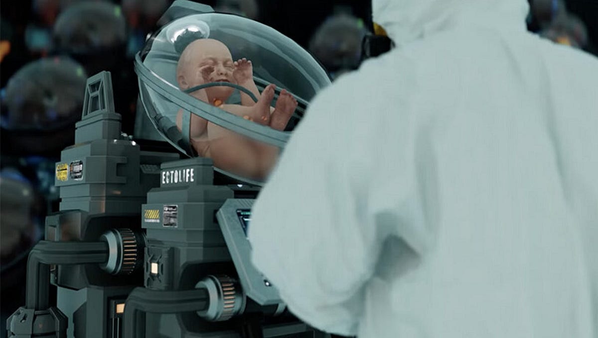 a person in medical gear looking at a baby growing in a clear, egg-shaped artificial womb attached to mechanical equipment