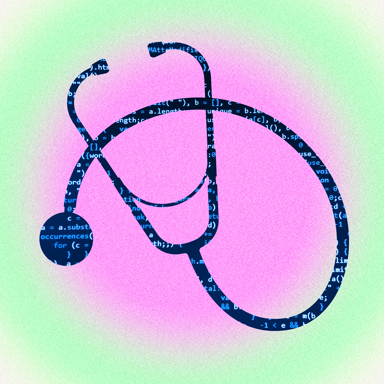 an illustration of a stethoscope filled with computer code on a colorful background