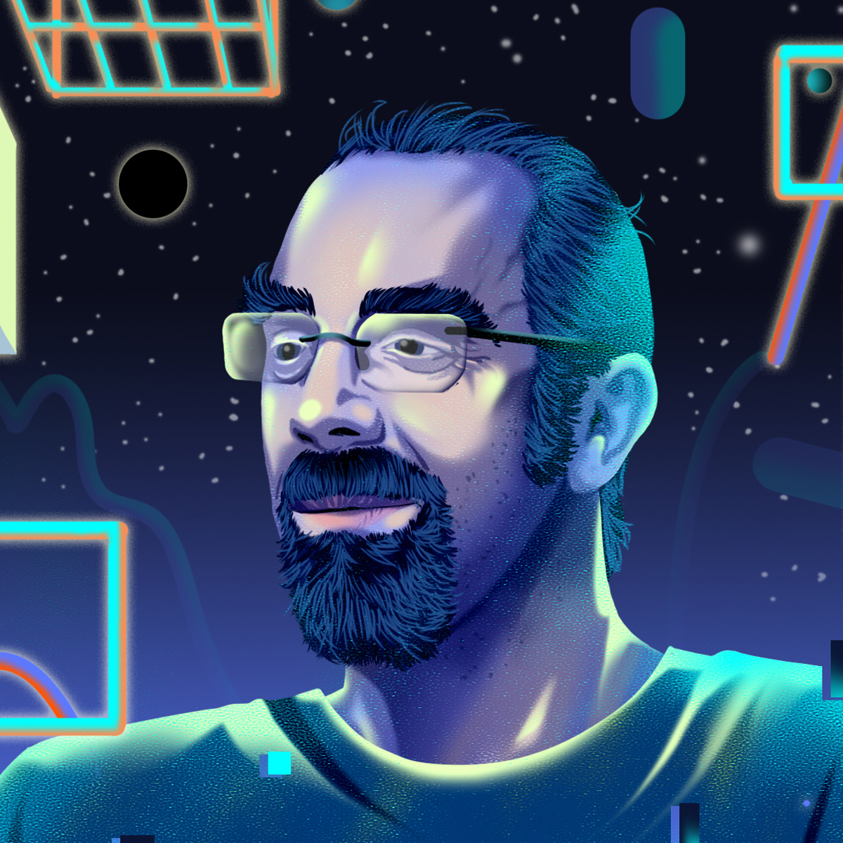 an illustration of a man with glasses in front of a neon background.