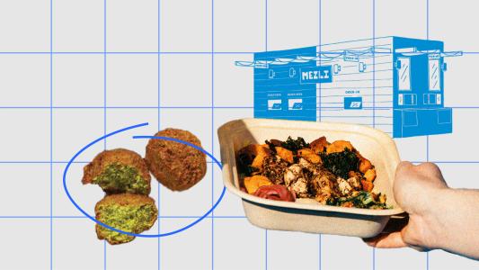 A hand holding a container with food in it.