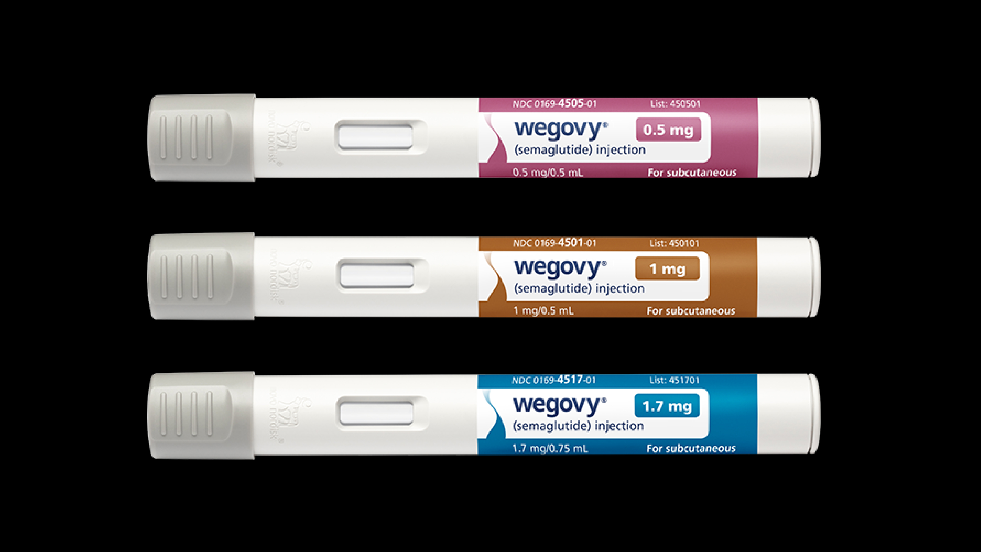 Three tubes of wypy, a weight-loss drug, on a black background.