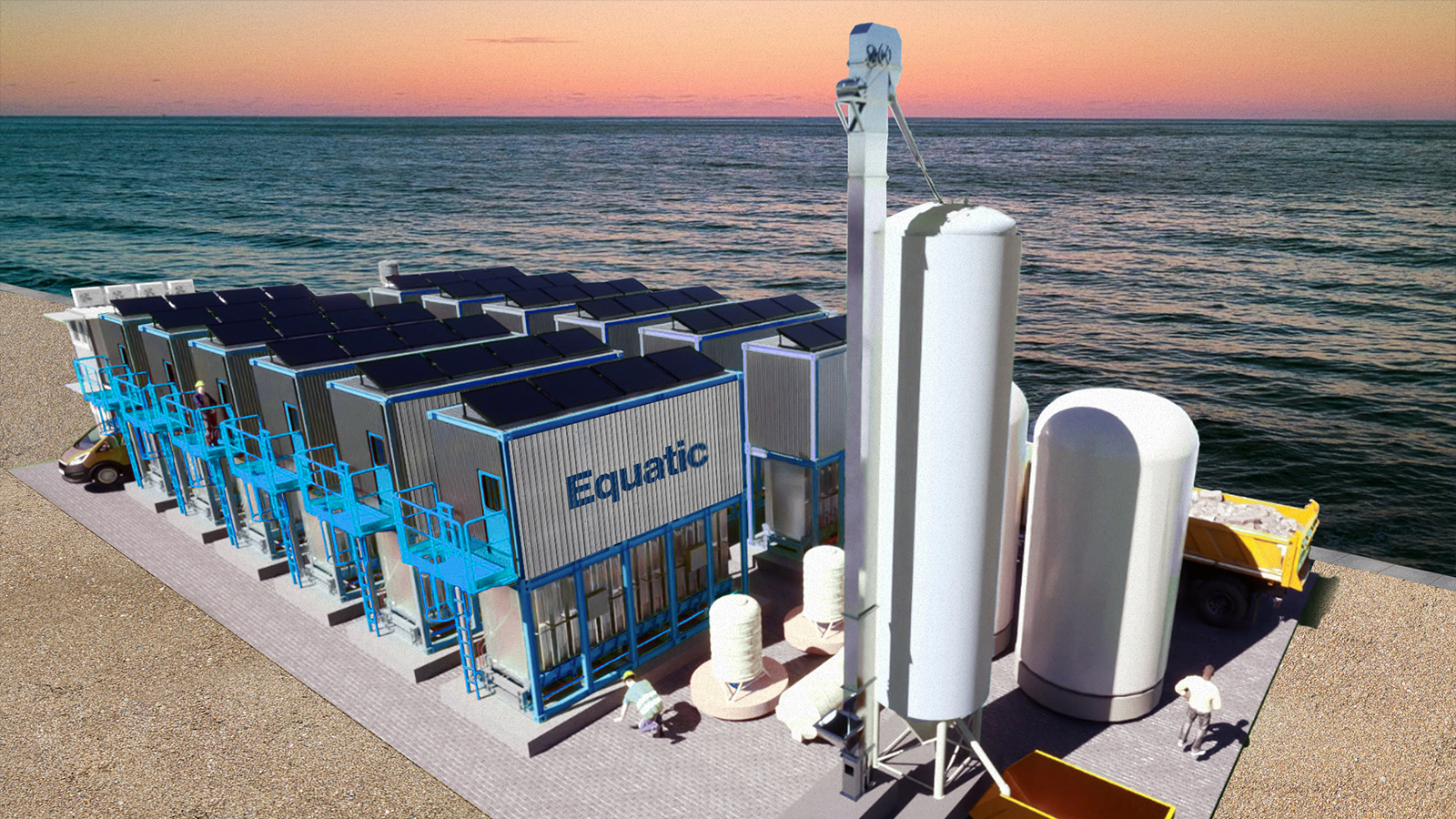 An artist's rendering of a carbon removal facility next to the ocean