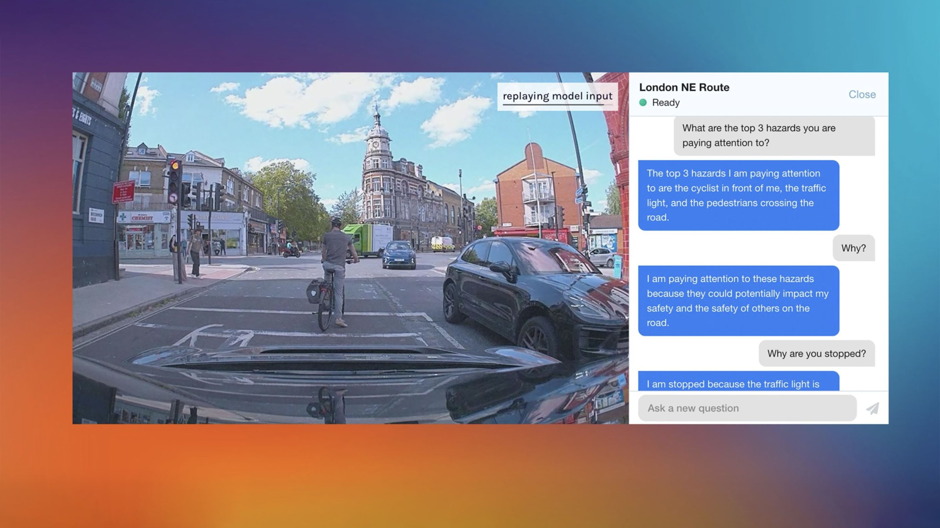 A screenshot of a conversation between a self-driving car and a passenger.