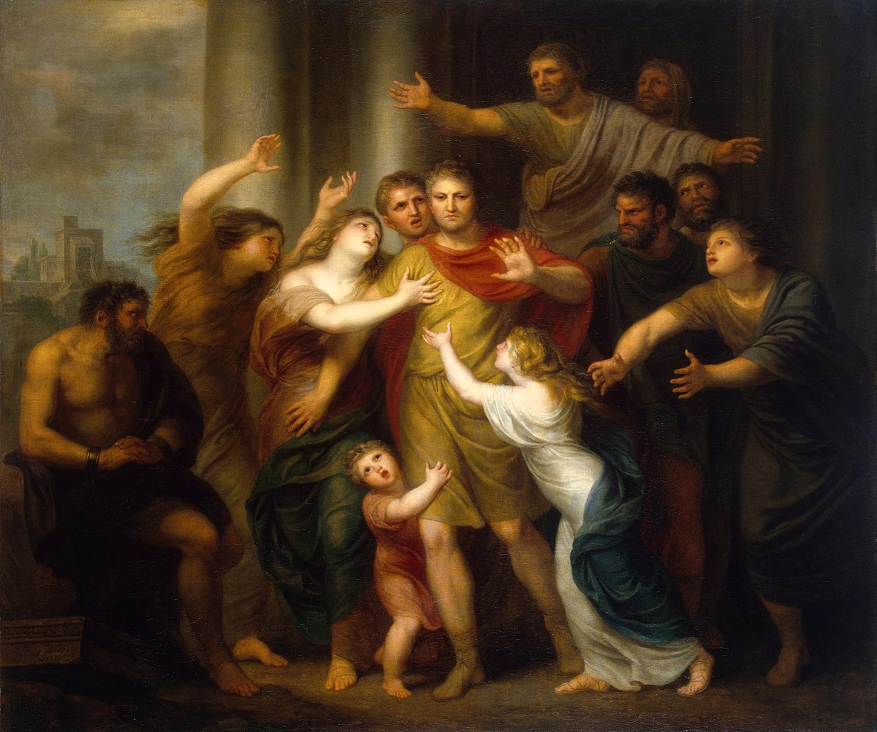 A painting of a group of people gathered around a man.