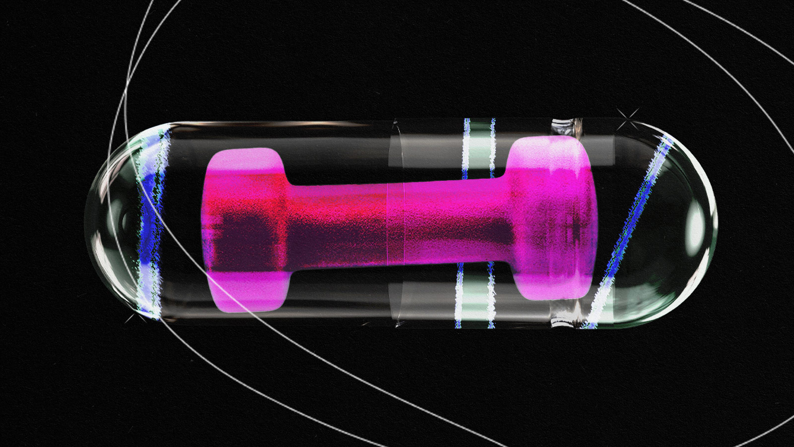 An image of a pink dumbbell inside a clear pill capsule.