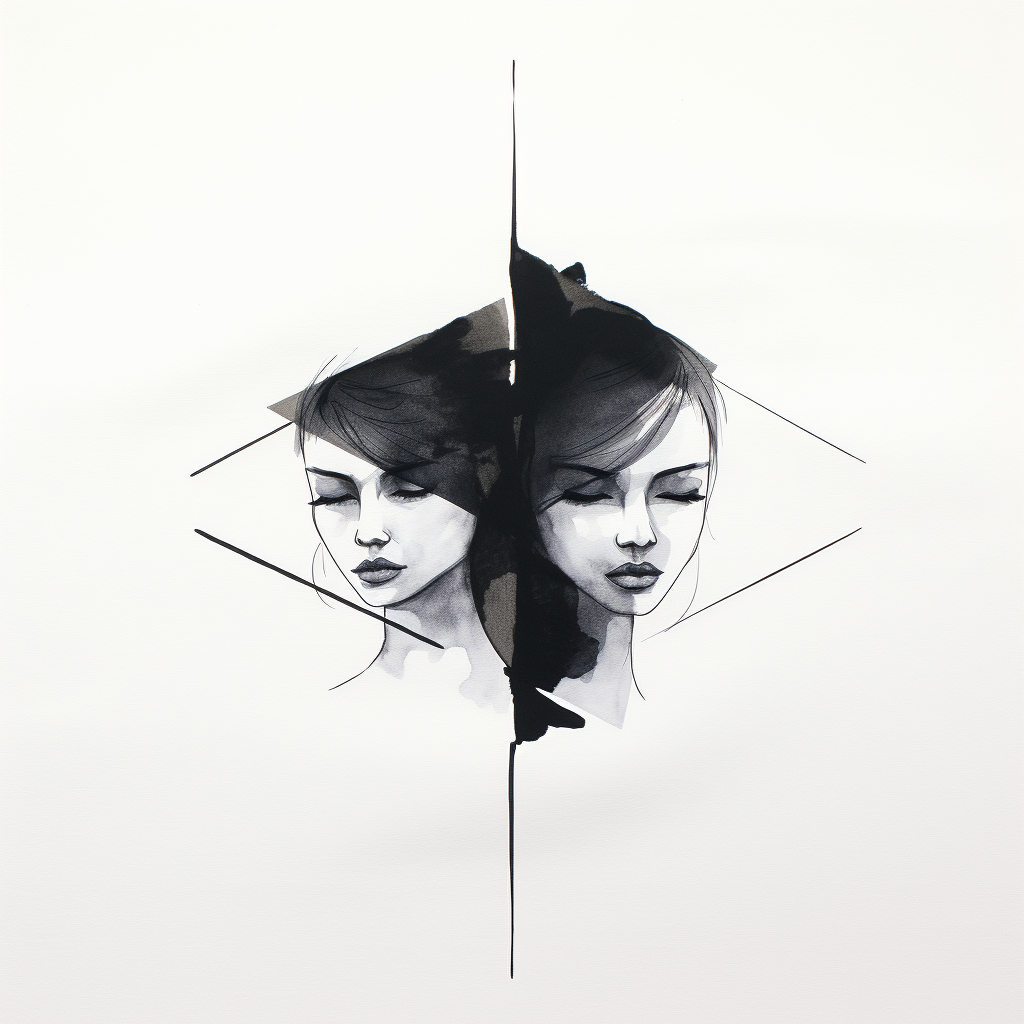 A black and white drawing of two women's faces, possibly twins.