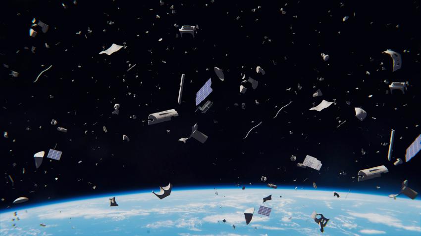 an illustration of space junk with Earth in the backgroun