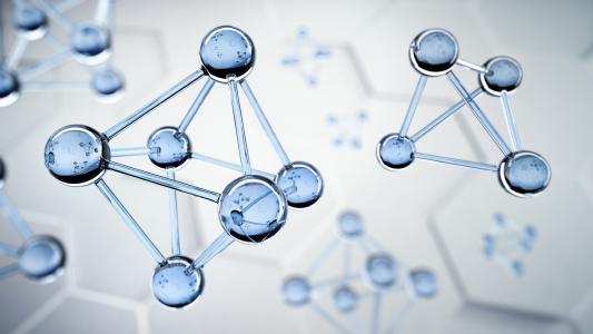 A 3d image of a complex network of molecules.