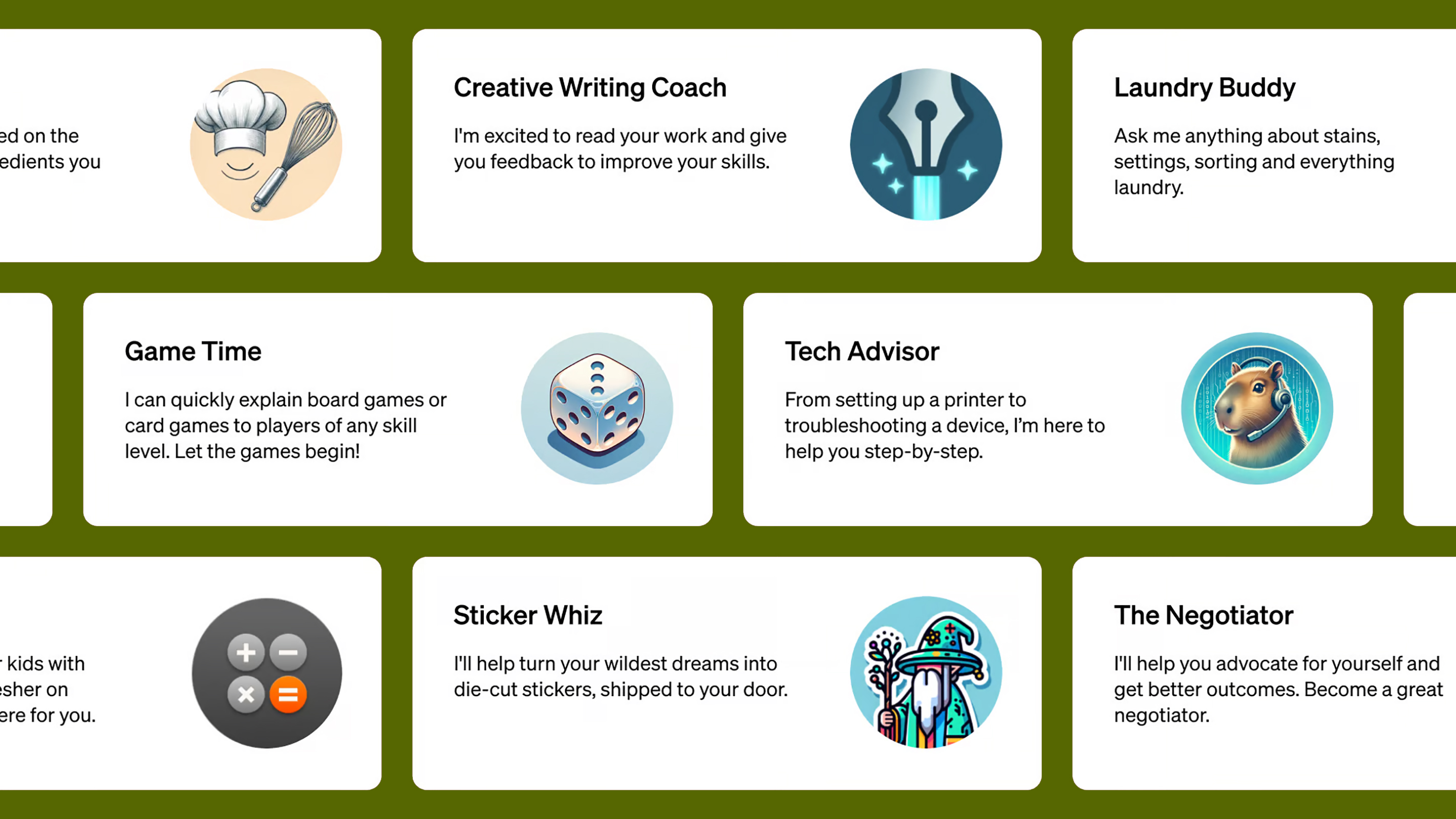 Descriptions of different GPTs that could be found in the GPT Store, along with logos