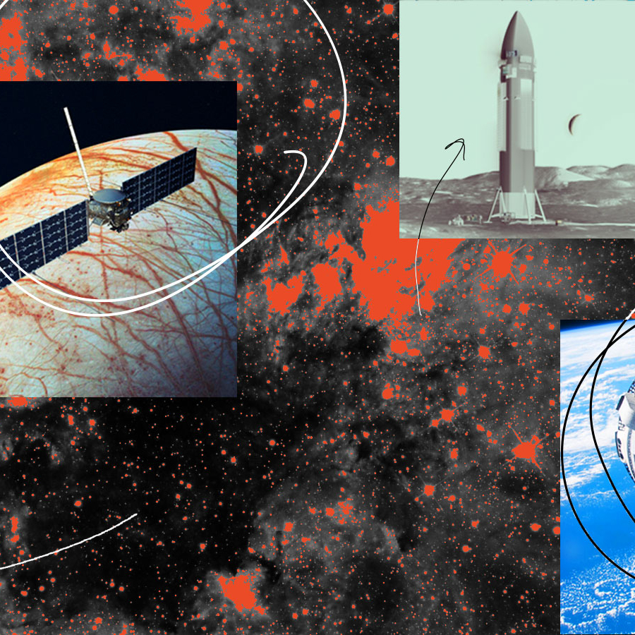 A collage of images of satellites and spacecraft.