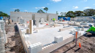 construction workers building an apartment complex using the Renco system