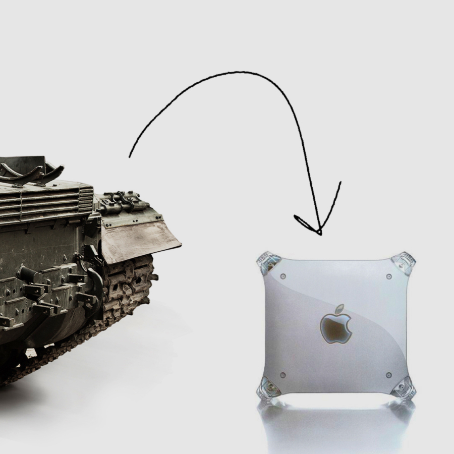 A military tank next to a Power Mac G4