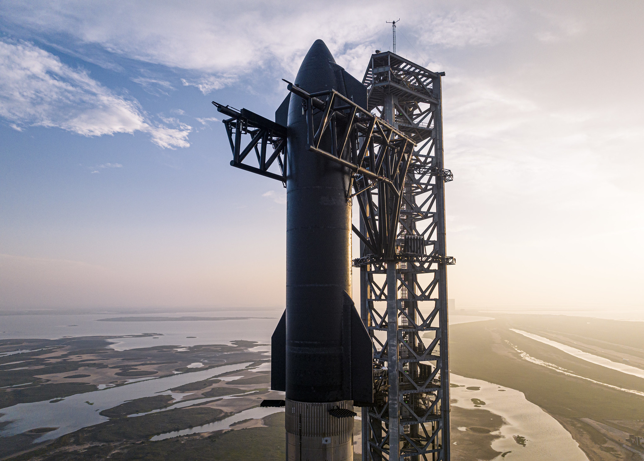 A Starship rocket on the launchpad before the first test flight