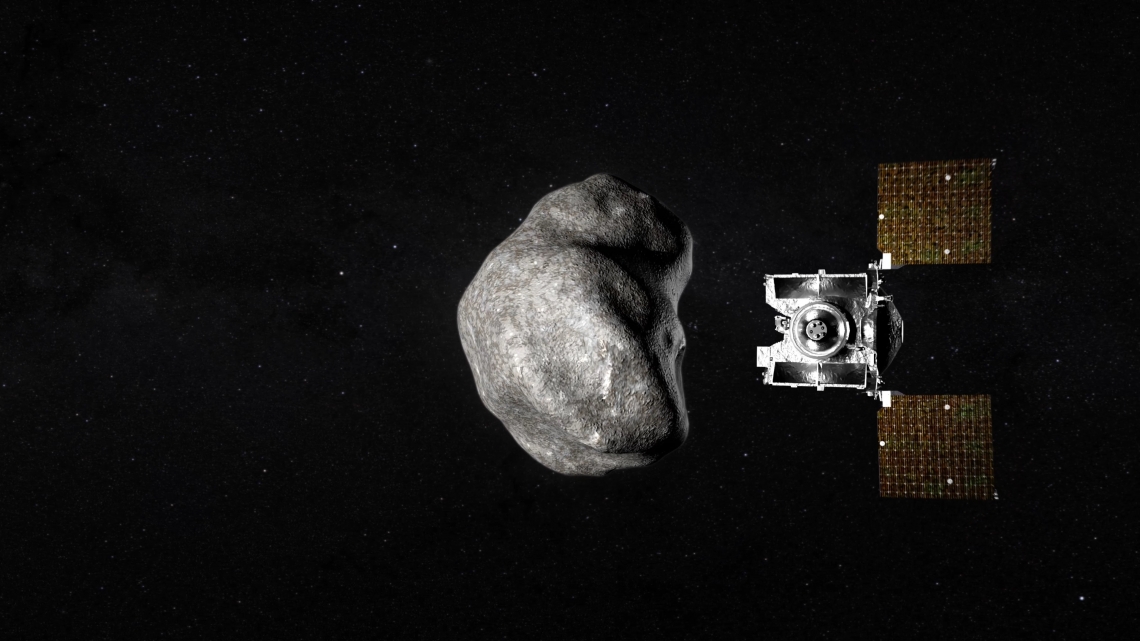 An artist's rendering of a spacecraft near an asteroid.