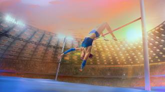 A woman is pole vaulting at a stadium, showcasing her athletic ability.