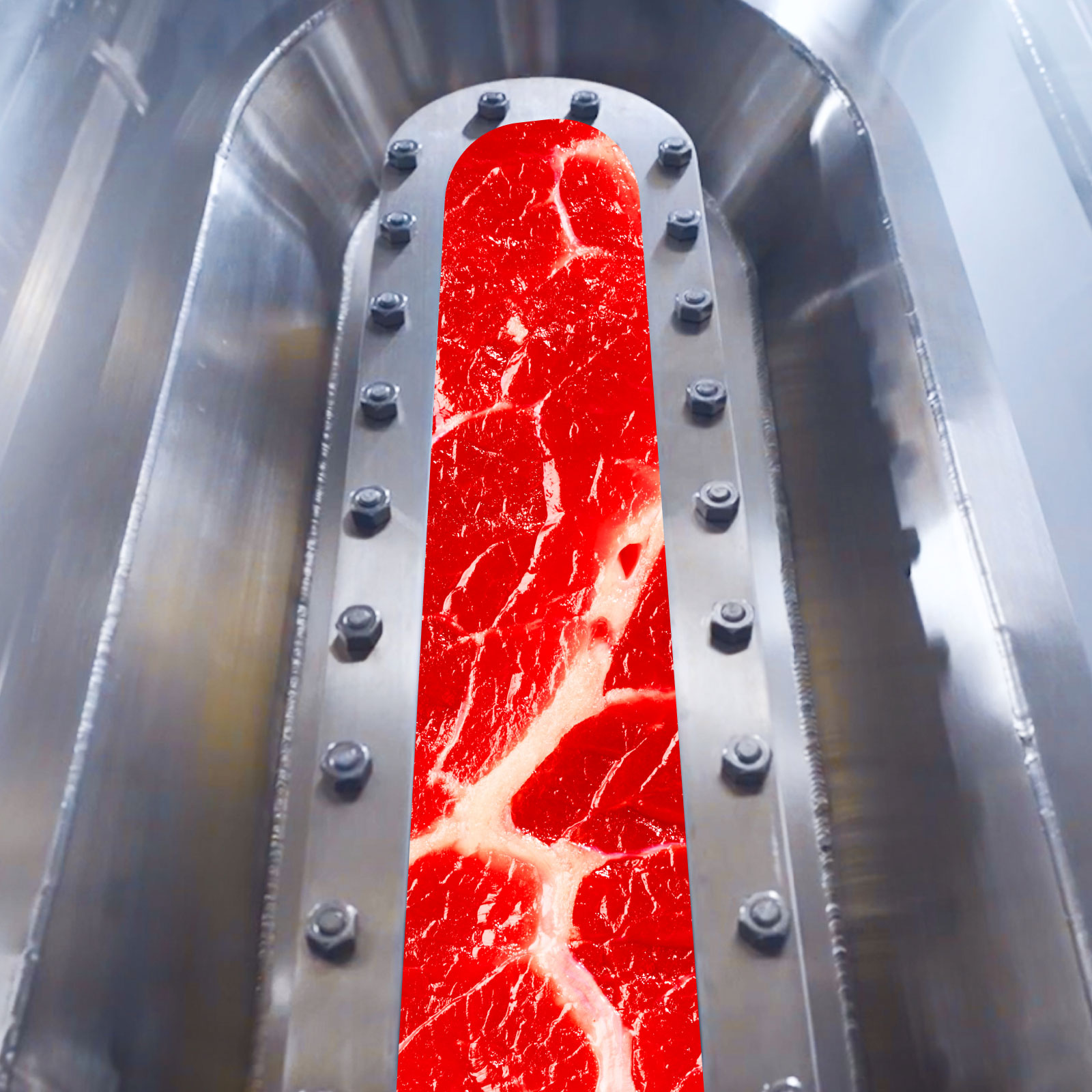 An image of a machine with red meat in it.