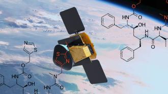 Illustration of a space factory satellite orbiting earth, with scientific chemical formulas overlaid.