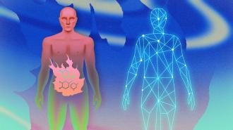 an abstract illustration of a man with his gut chemistry highlighted standing next to an outline of man made entirely from glowing blue lines