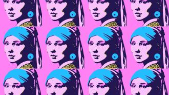 A bright collage featuring AI-generated images of 'Girl with a Pearl Earring' by Johannes Vermeer in the style of Andy Warhol's screenprints.