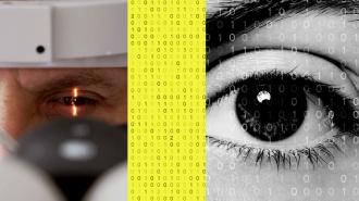 a collage featuring a human eye and binary code