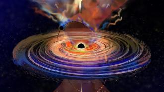 An artistic representation of a black hole with accretion disk and relativistic jets emitting from its poles.