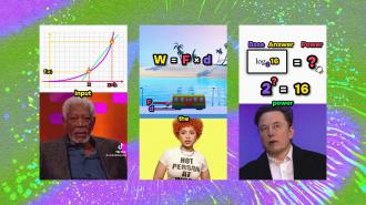 Collage of educational concepts; graph with curves, beach scene illustrating physics formula, math equation, images of two men and one woman against colorful backgrounds.