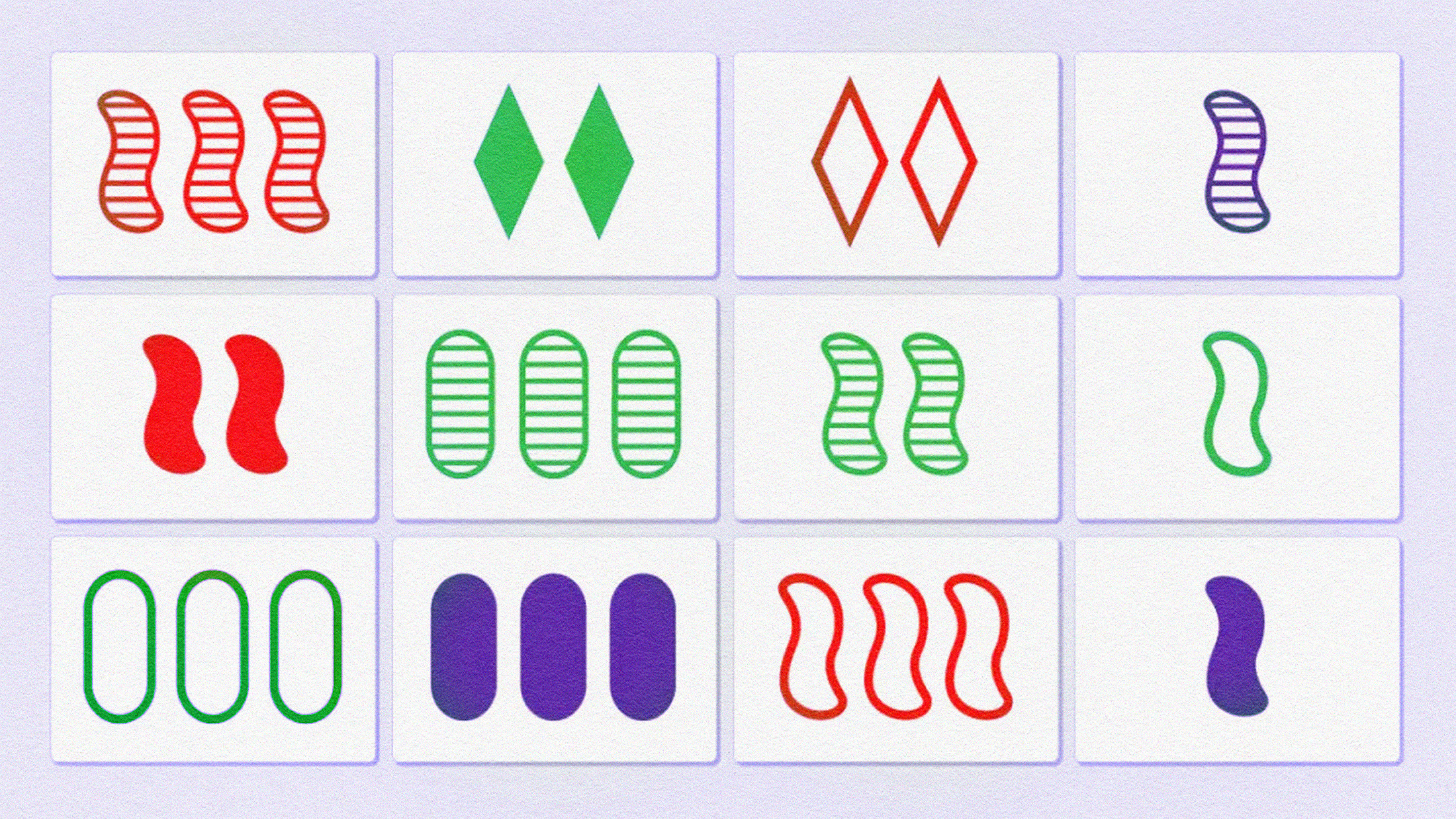 Set of playing cards from the deep mind game set, featuring different shapes, colors, and patterns.