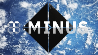 a rendering of a large, kite-like solar sail flying over the Earth from the perspective of space. The T-Minus logo is over the image.