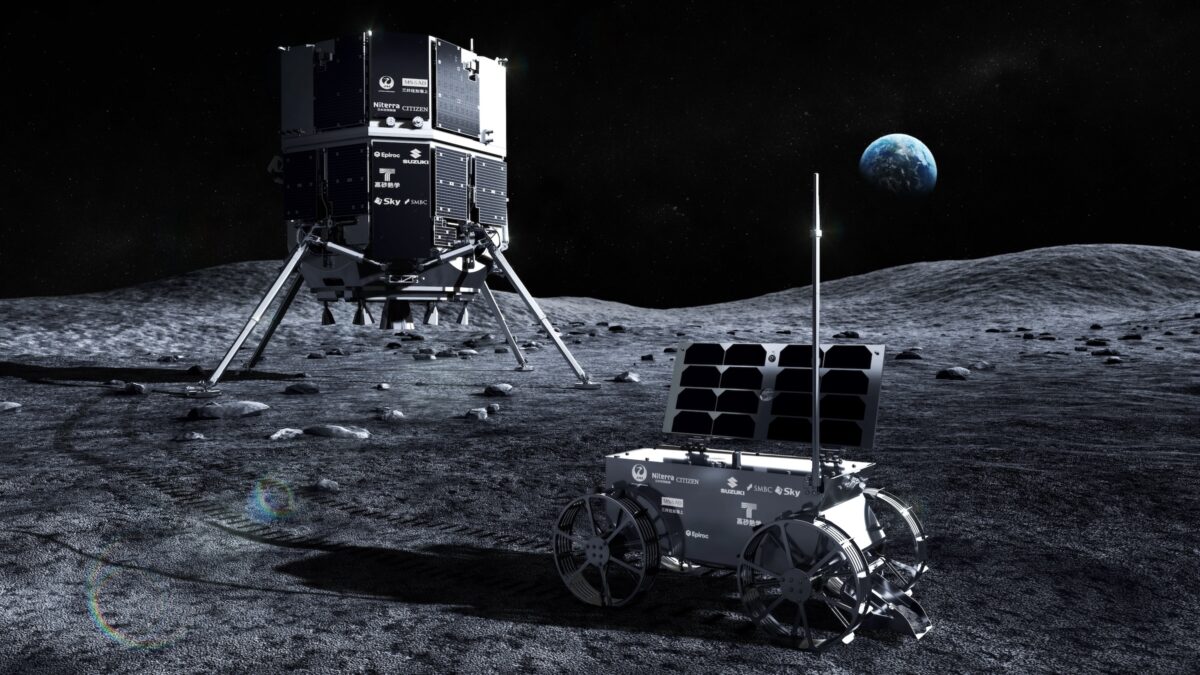 A space rover moves on a rocky lunar surface with a lander in the background. Earth is visible in the distant space above the lunar horizon.