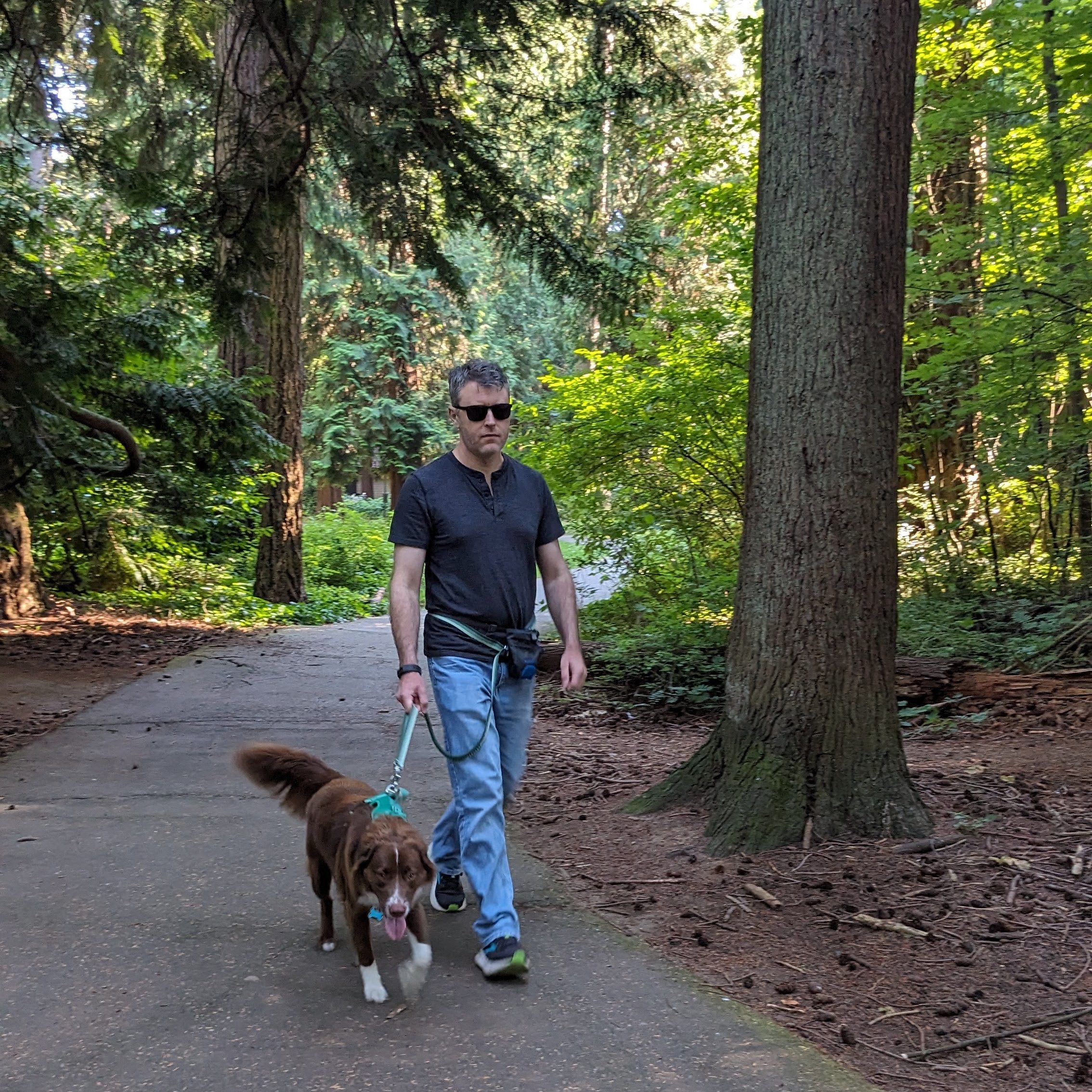 A man wearing sunglasses walks a dog on a leash along a forested path.