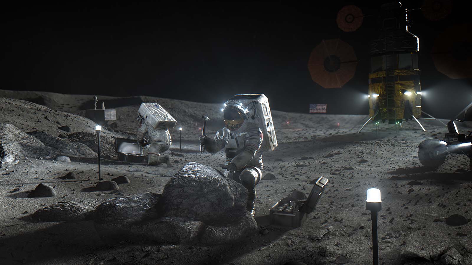 An astronaut on the lunar surface examines a rock sample near equipment and a landing module, with the dark, rocky lunar landscape extending in the background.