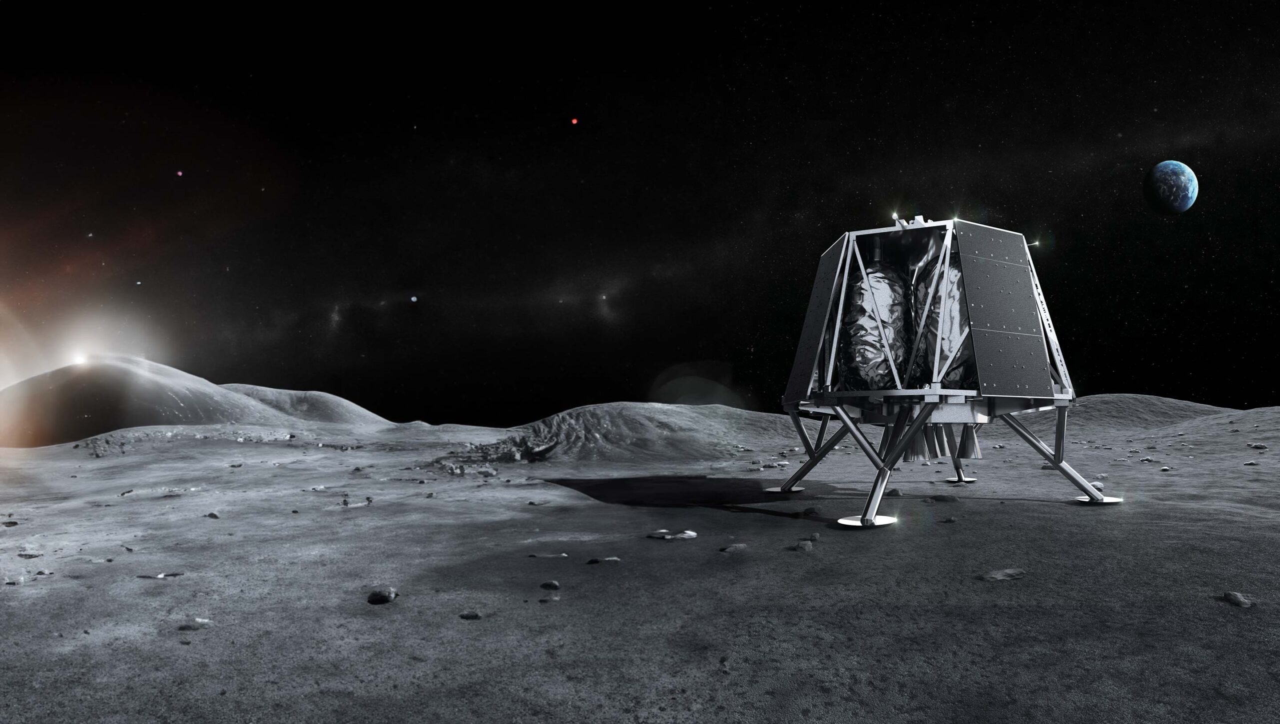 A lunar lander is stationed on the surface of the moon with planet Earth visible in the background against a starry sky.