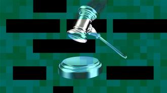 A digital rendering of a judge's gavel striking a sound block against a background of green and black pixelated squares, symbolizing the concept of social media censorship.