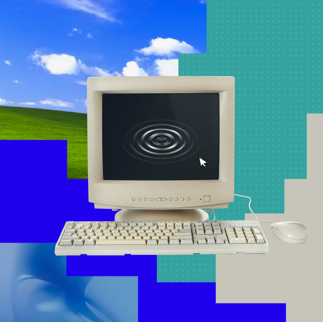 A vintage computer set with a monitor displaying a ripple effect on the screen, placed against a vibrant, abstract background of blue sky, green land, and geometric shapes.