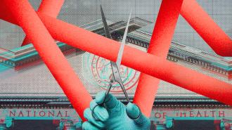 A hand with scissors is cutting through red tape in front of the NIH building.