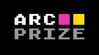 ARC PRIZE written in pixelated letters, with a pink square above 'PRIZE' and a yellow square next to it, set against a black background, reminiscent of classic AGI digital aesthetics.