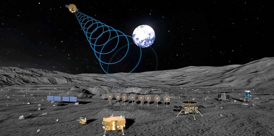 A conceptual illustration showing various lunar surface instruments communicating with a space station, with a view of Earth in the background and signal waves depicted emanating.