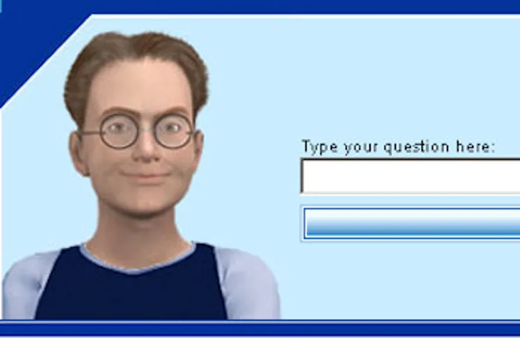 A virtual character with glasses and short hair stands next to a text input box labeled "Type your question here:" on a blue background.