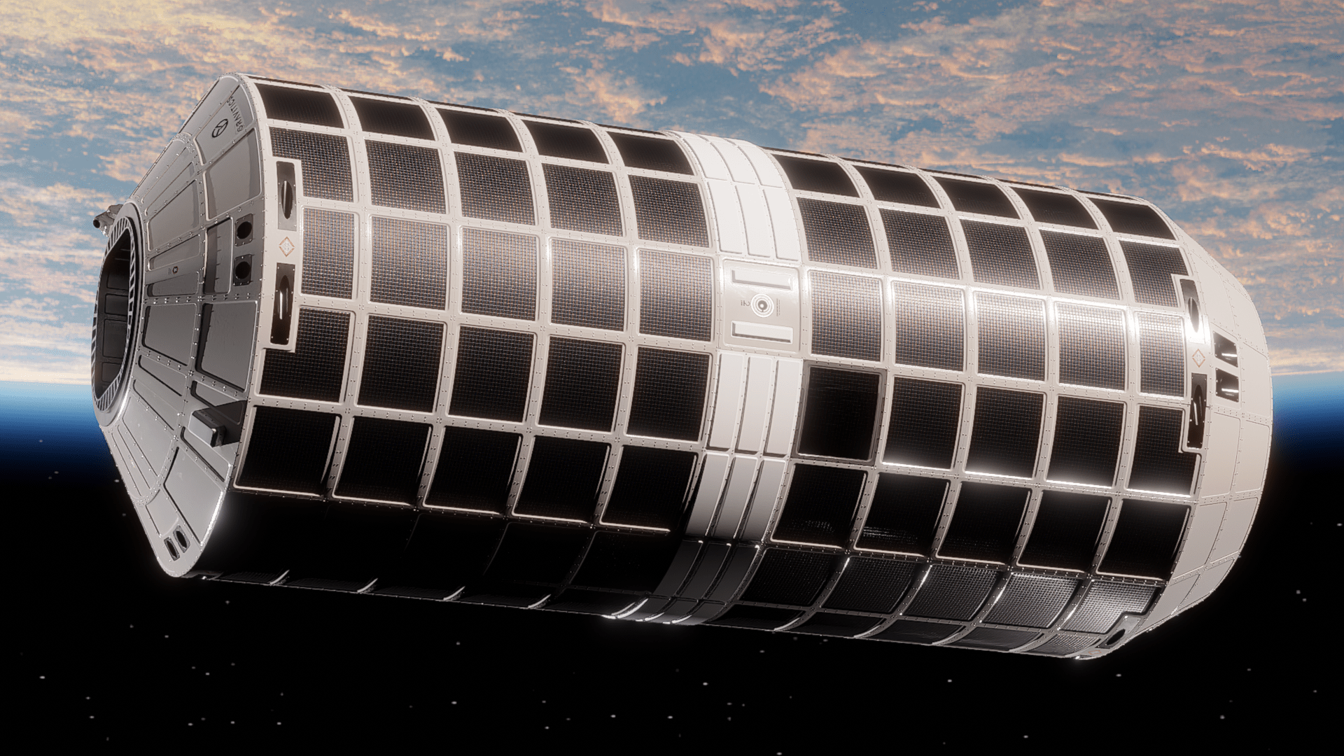 An orbiting space module with a cylindrical shape and grid-like surface panels, floating above Earth's atmosphere.