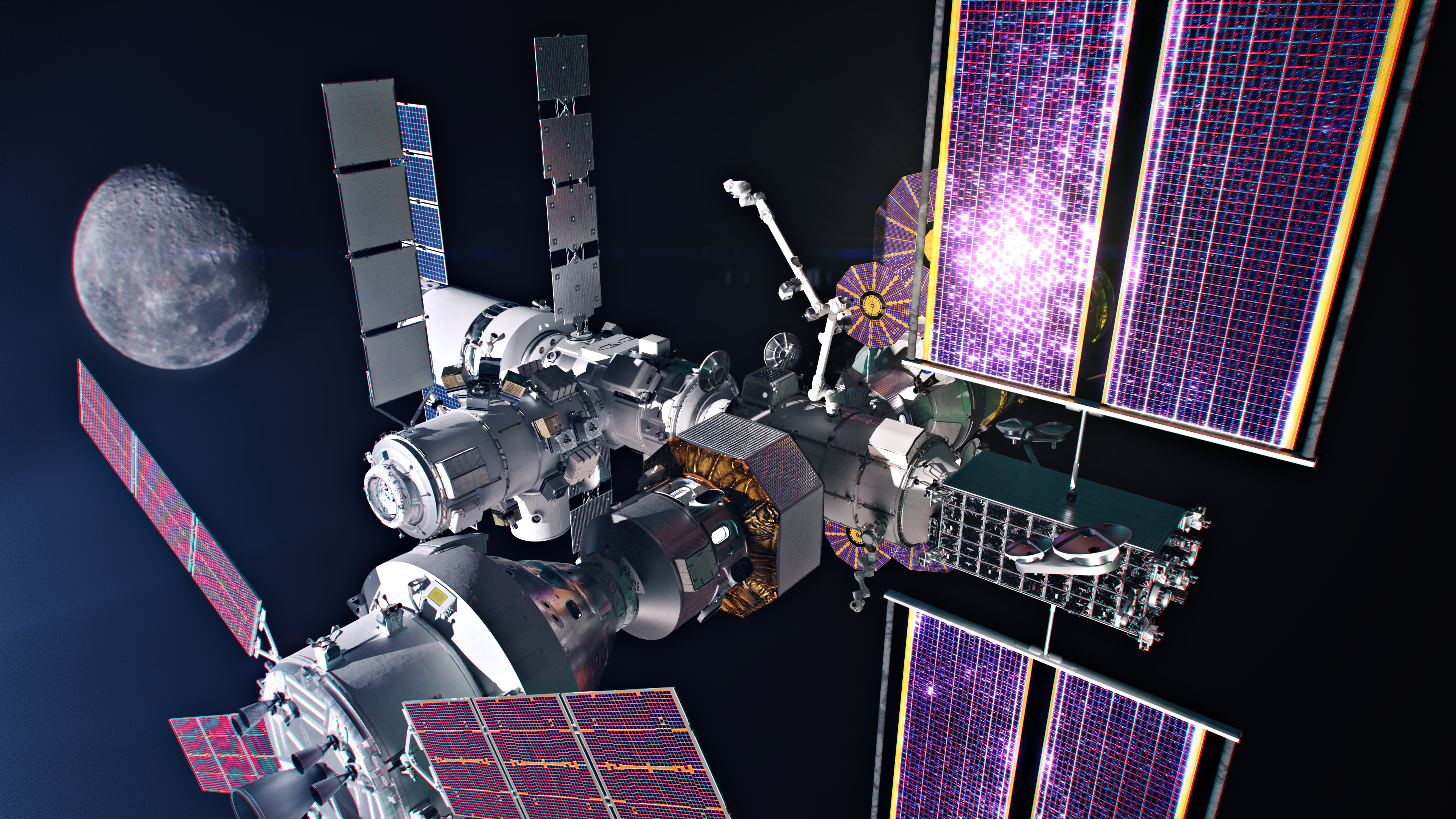 a space station with solar panels floating in the blackness of space