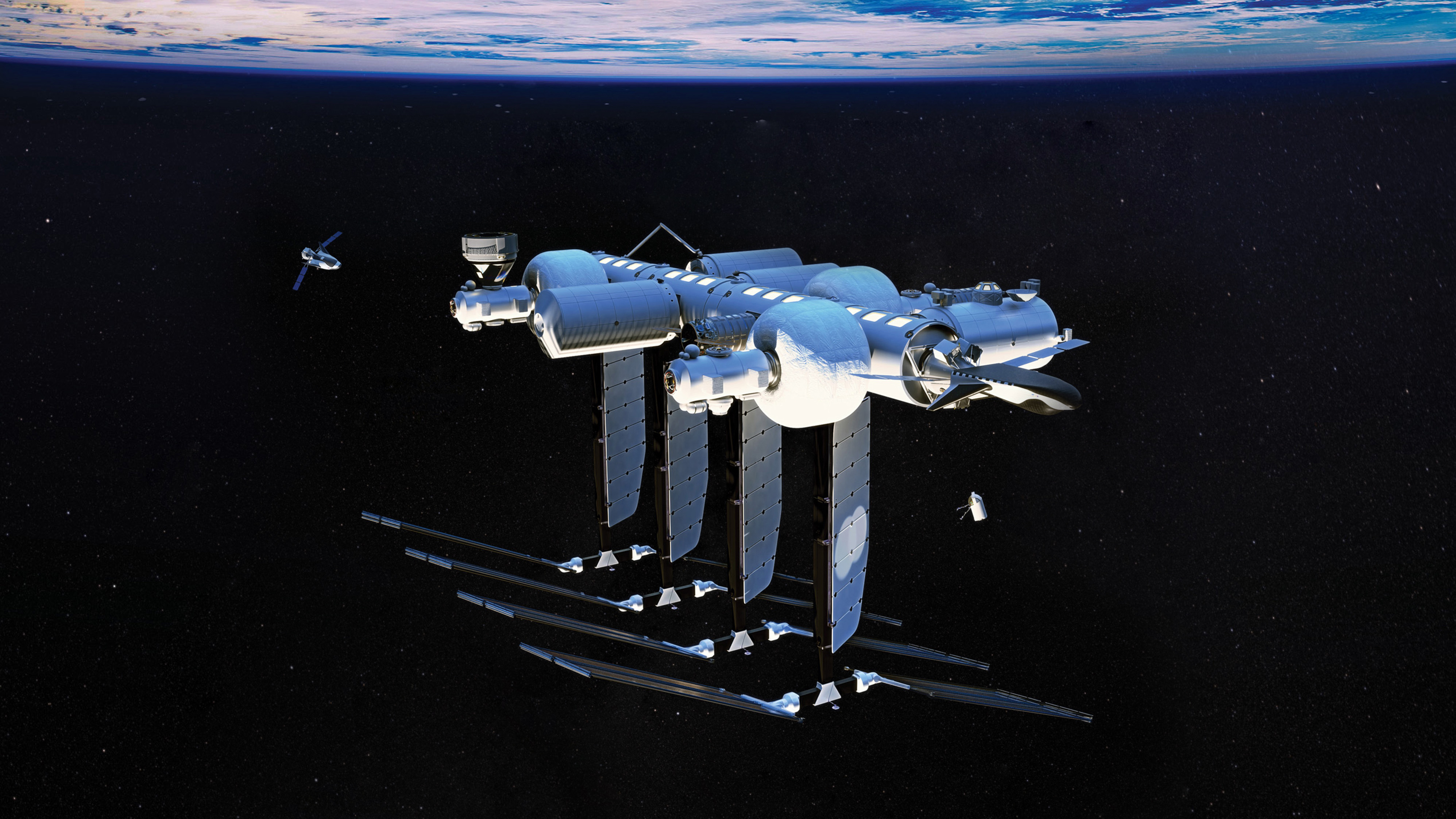 A large space station with multiple modules and solar panels orbits in the dark expanse of space, with the Earth visible at the top edge of the image.