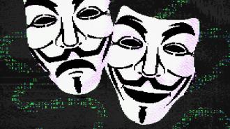 A pixelated image displays two overlapping masks with facial hair, one smiling and the other frowning, set against a dark background with green digital noise.