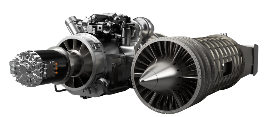 A detailed view of a jet engine, showcasing its turbine, compressor, and various mechanical components against a plain background.