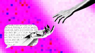 A human hand reaches towards a robotic hand amidst a background of pink and purple pixels, with lines of code visible near the robotic arm, symbolizing AI loneliness bridging the gap between man and machine.