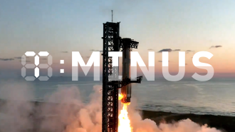 A rocket launches from a pad with flames and smoke, against a backdrop of sea and sky at sunrise. The text "T-MINUS" is displayed in large letters across the image.